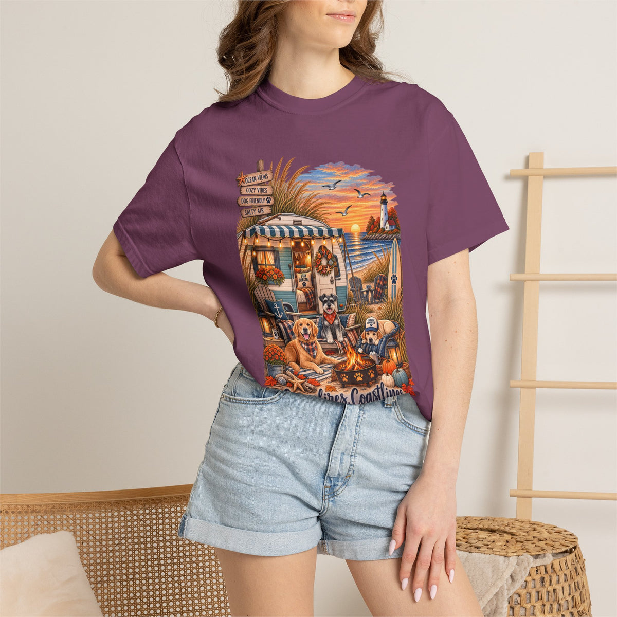 Campfires, Coastlines & Canines T-Shirt — Retro Camper Dog Camping Graphic Tee