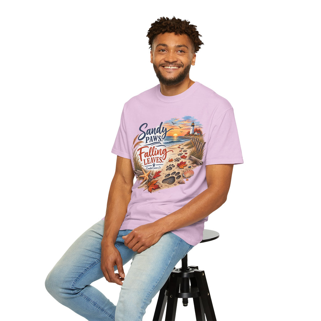 Sandy Paws Falling Leaves Beach T-Shirt — Autumn Coastal Dog Lover Tee