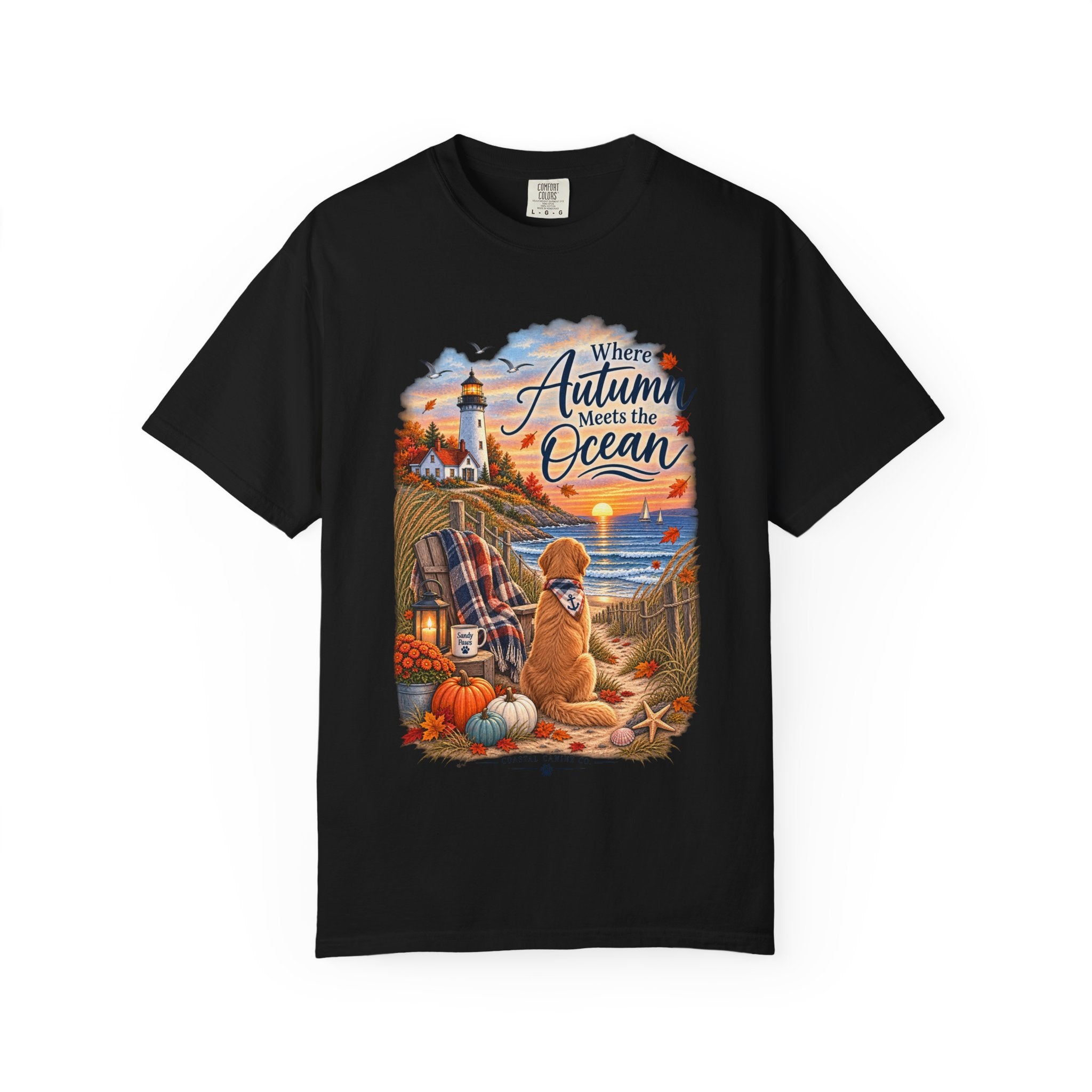 Autumn Meets the Ocean T-Shirt — Cozy Coastal Fall Tee with Golden Retriever