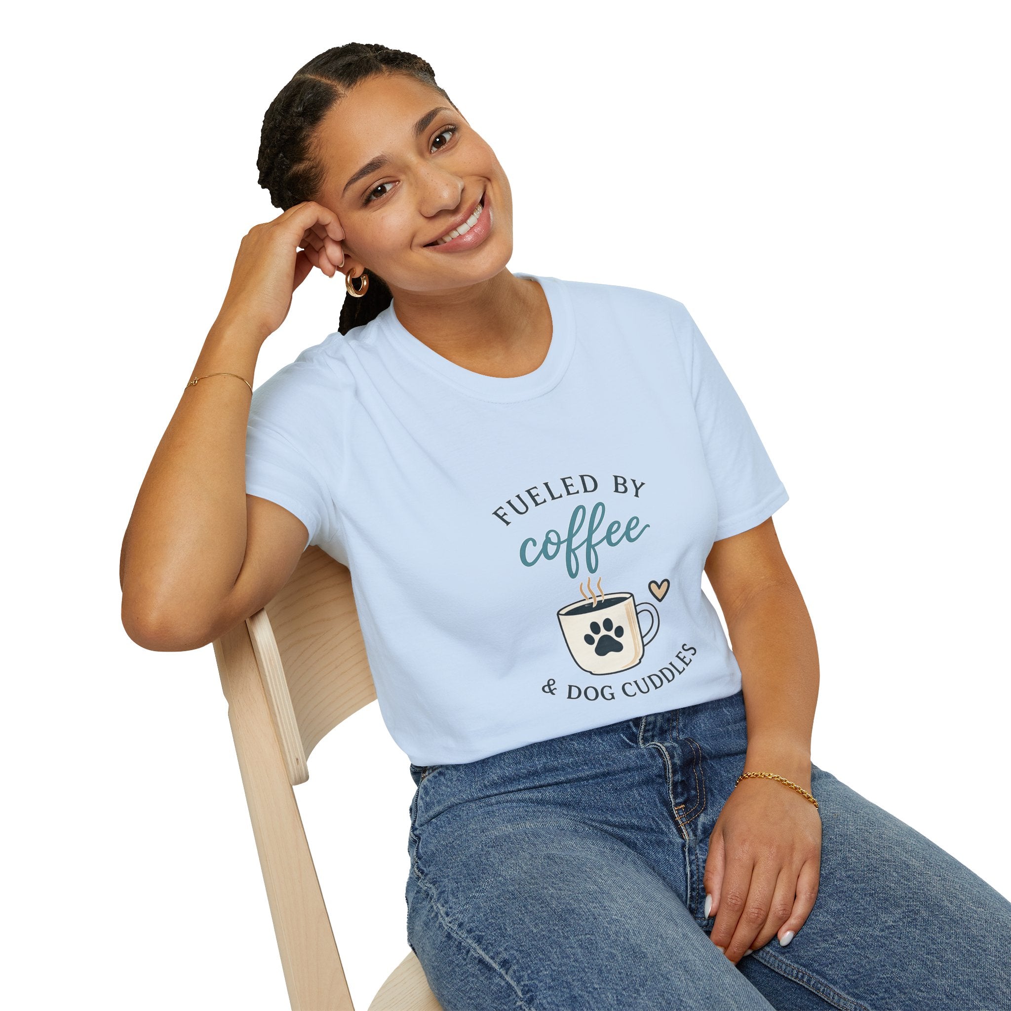 Fueled by Coffee & Dog Cuddles T-Shirt — Cute Coffee Lover Tee for Dog Moms