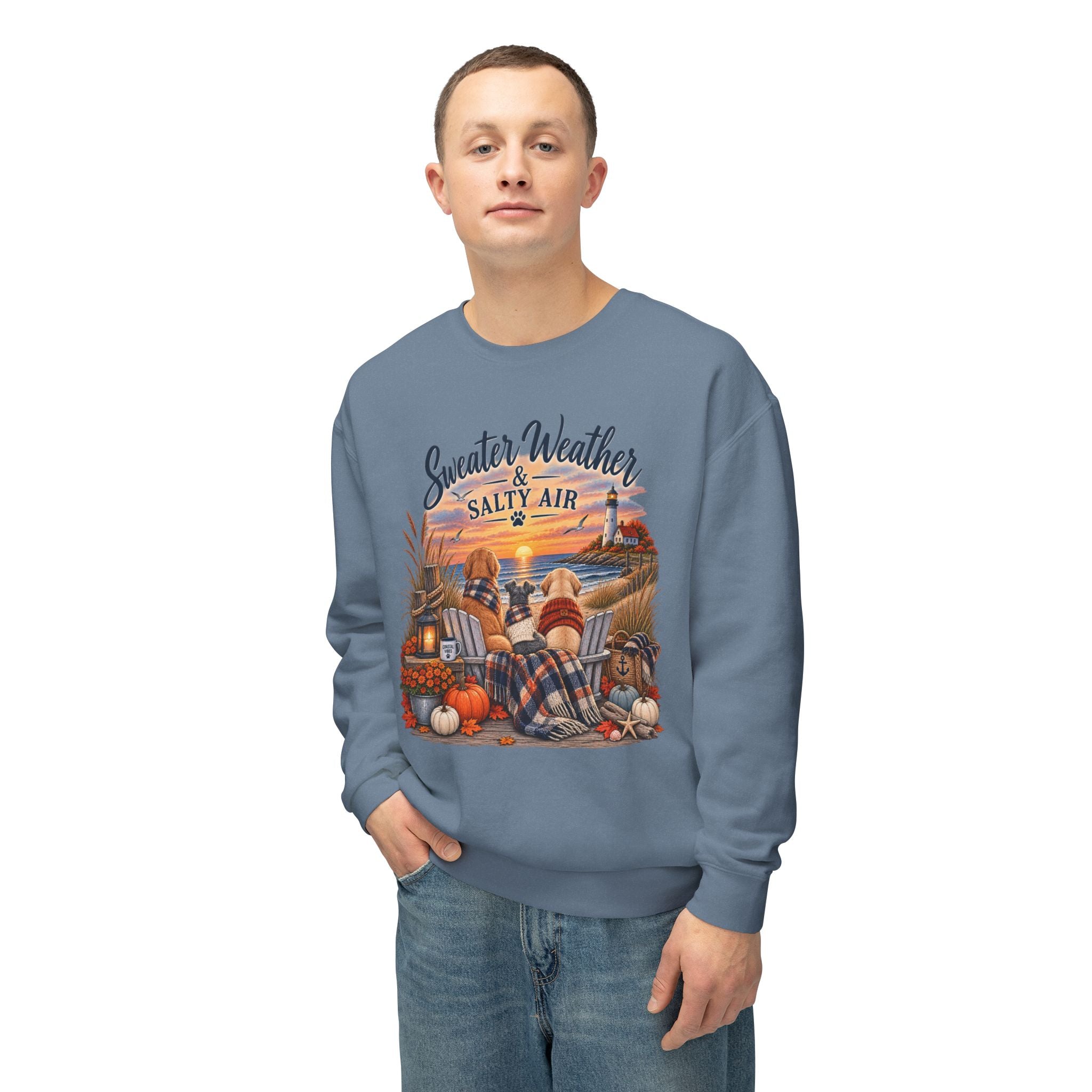 Sweater Weather & Salty Air Crewneck Sweatshirt — Coastal Fall Sunset Design