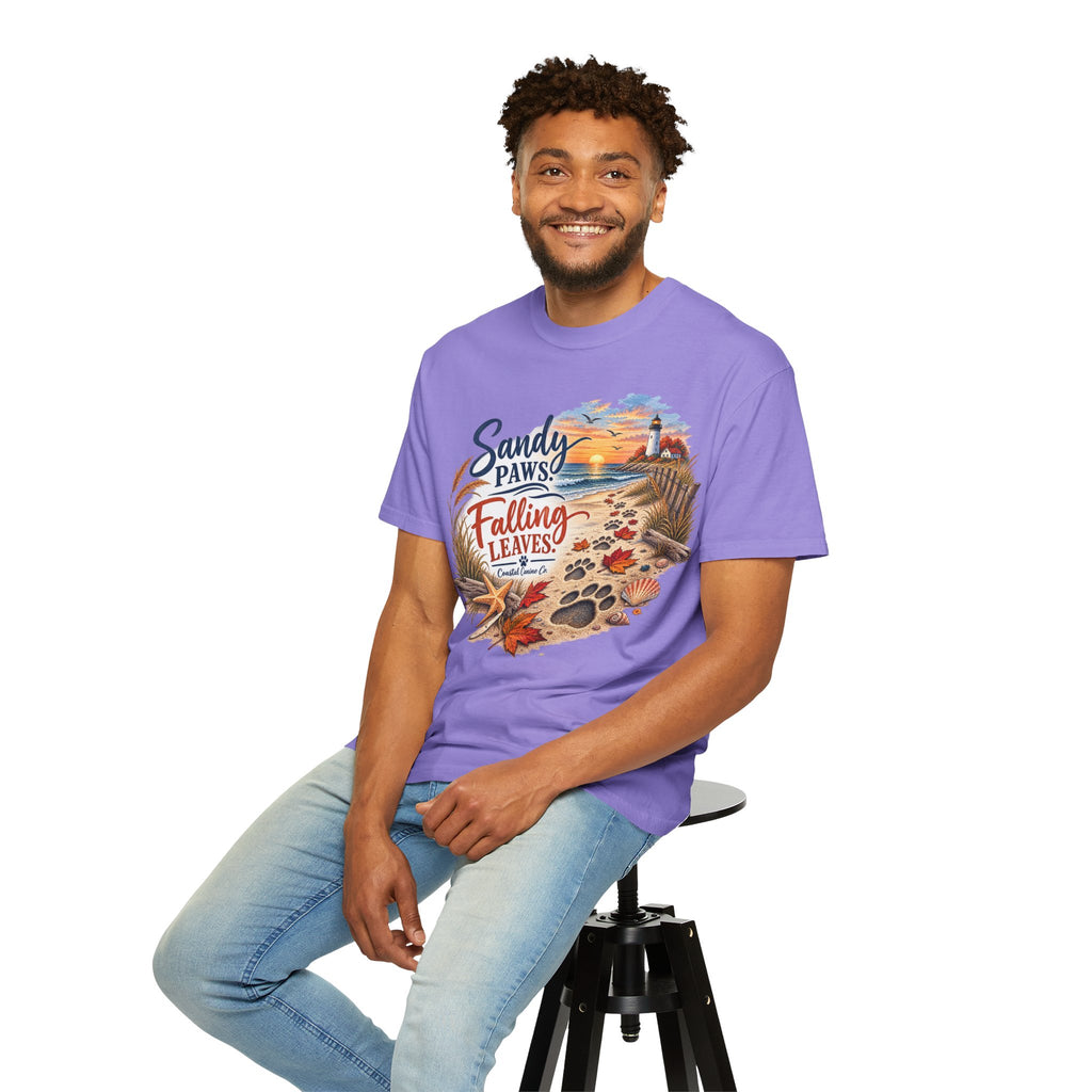 Sandy Paws Falling Leaves Beach T-Shirt — Autumn Coastal Dog Lover Tee