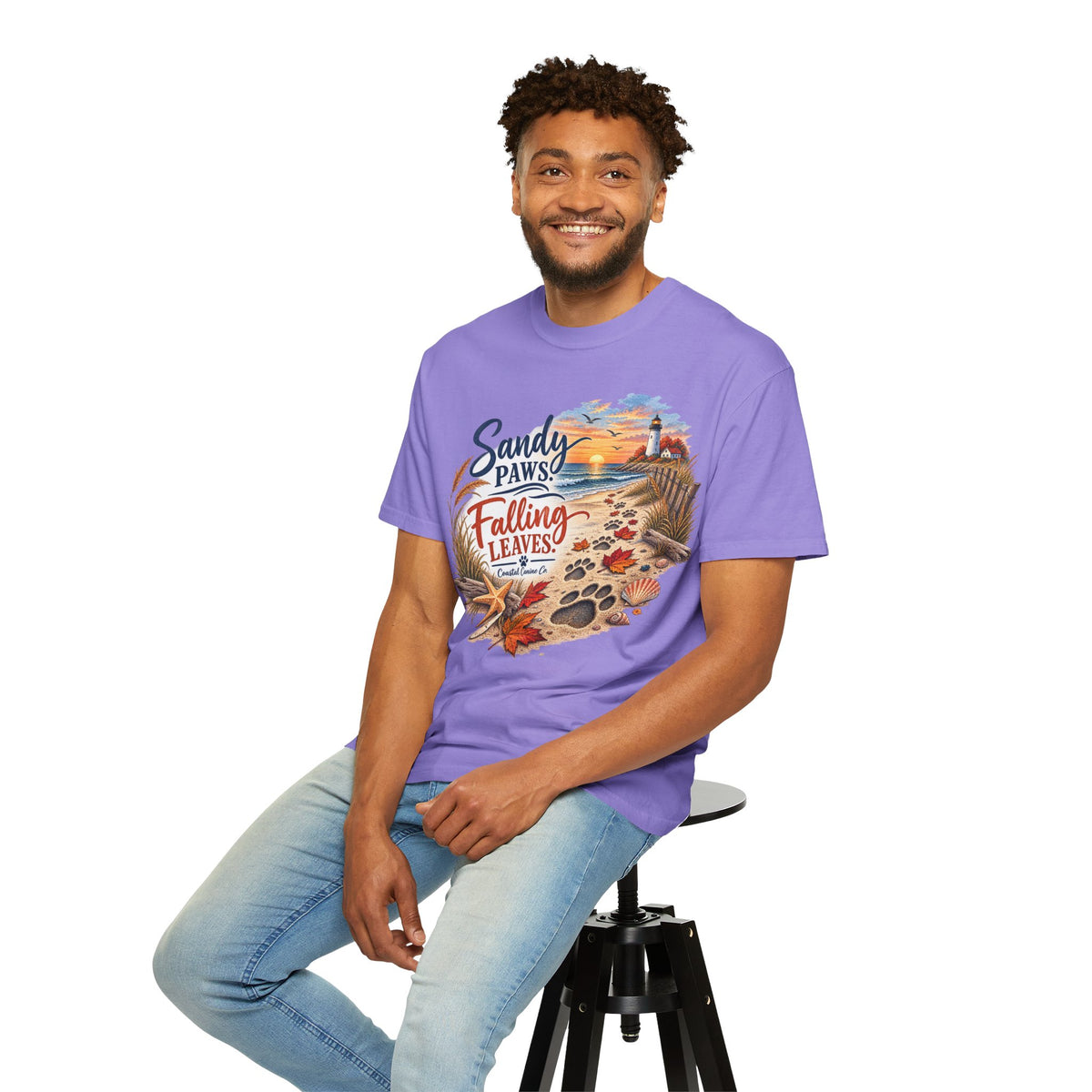 Sandy Paws Falling Leaves Beach T-Shirt — Autumn Coastal Dog Lover Tee