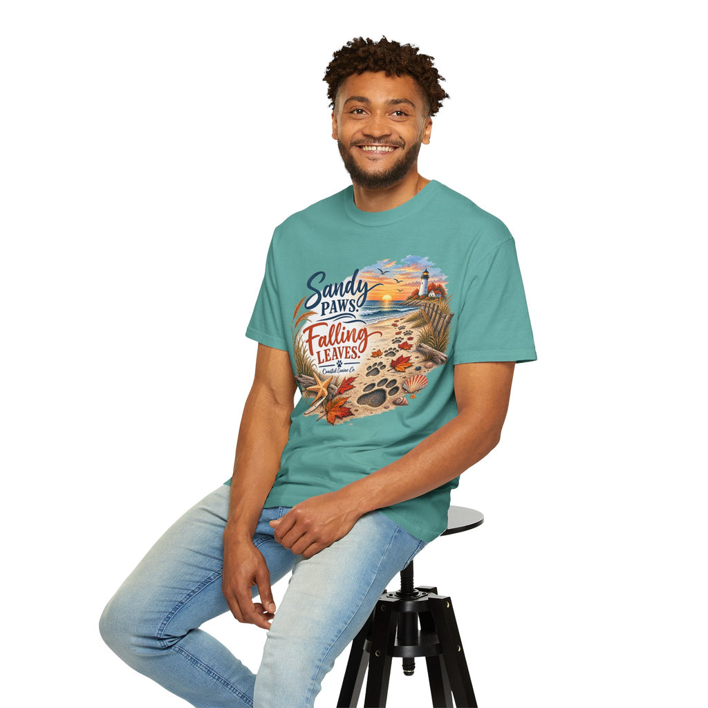 Sandy Paws Falling Leaves Beach T-Shirt — Autumn Coastal Dog Lover Tee