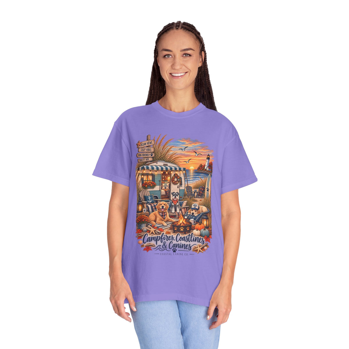 Campfires, Coastlines & Canines T-Shirt — Retro Camper Dog Camping Graphic Tee