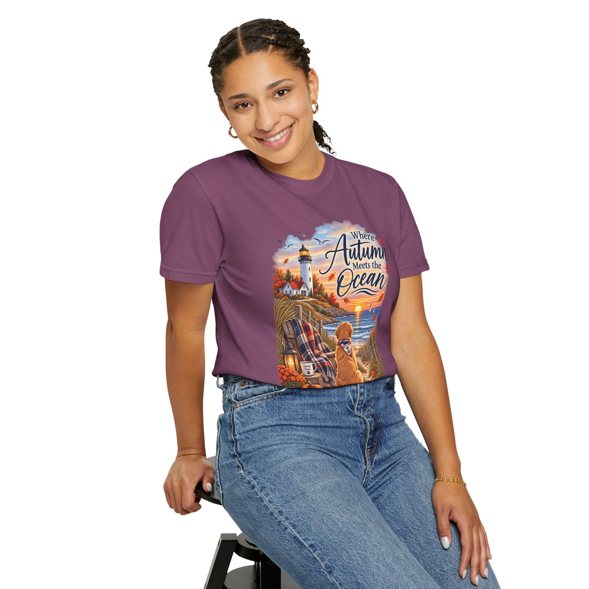 Autumn Meets the Ocean T-Shirt — Cozy Coastal Fall Tee with Golden Retriever