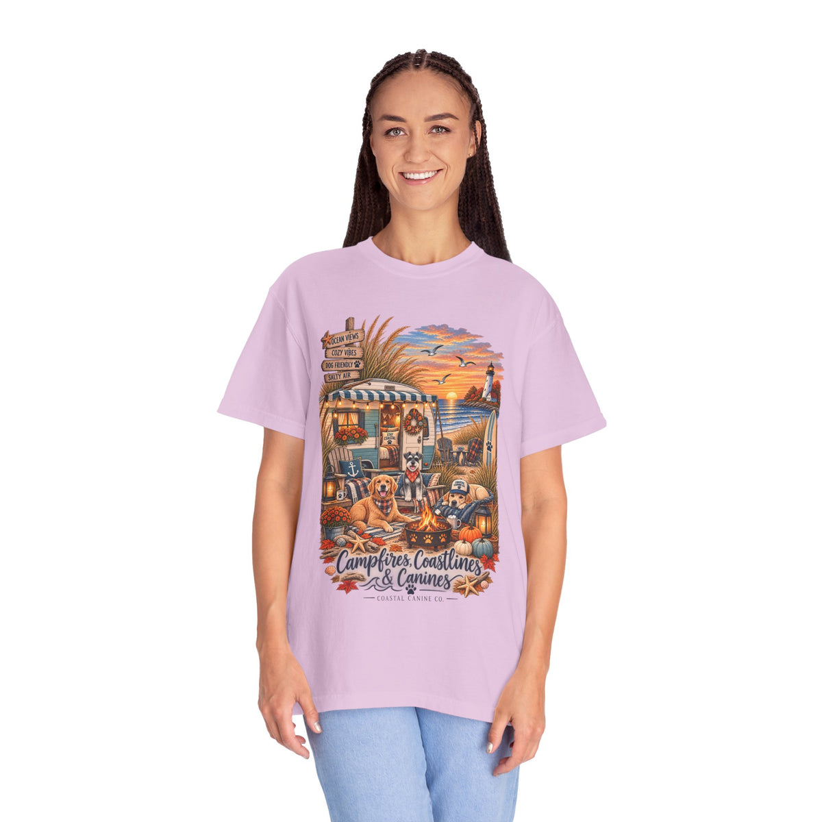 Campfires, Coastlines & Canines T-Shirt — Retro Camper Dog Camping Graphic Tee