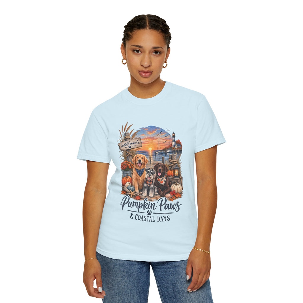Pumpkin Paws & Coastal Days T-Shirt — Autumn Dogs by the Harbor