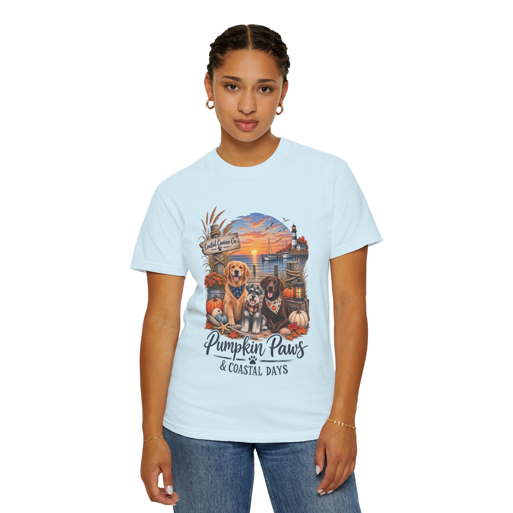 Pumpkin Paws & Coastal Days T-Shirt — Autumn Dogs by the Harbor