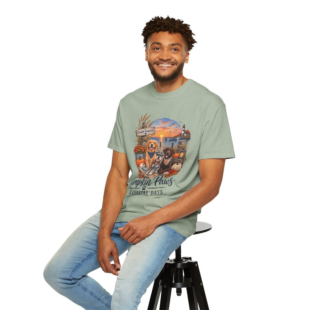 Pumpkin Paws & Coastal Days T-Shirt — Autumn Dogs by the Harbor