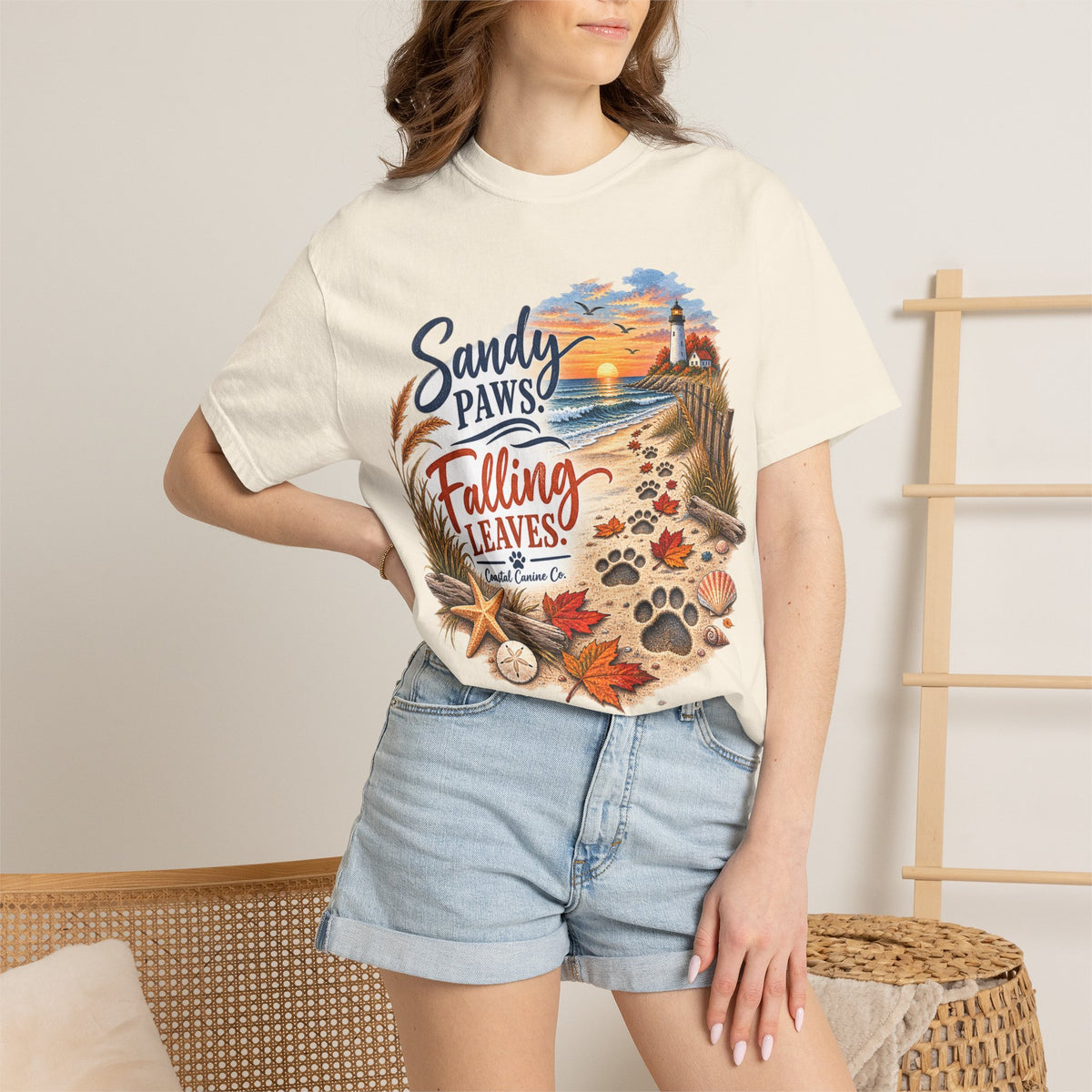 Sandy Paws Falling Leaves Beach T-Shirt — Autumn Coastal Dog Lover Tee