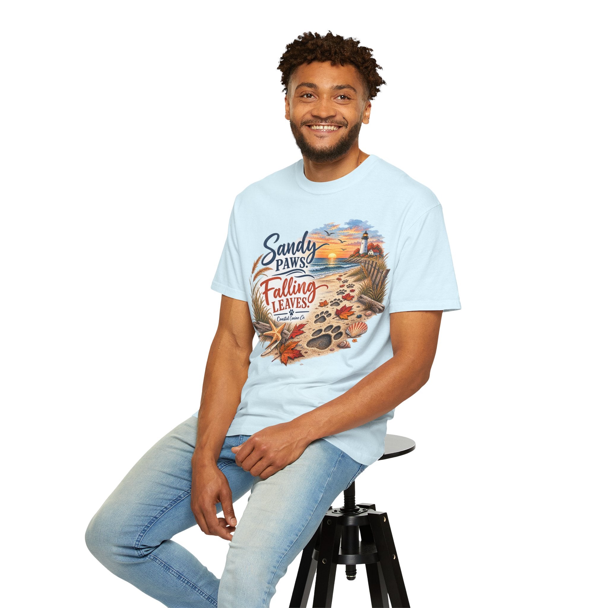 Sandy Paws Falling Leaves Beach T-Shirt — Autumn Coastal Dog Lover Tee