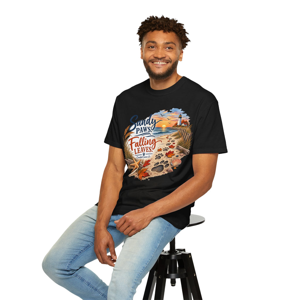 Sandy Paws Falling Leaves Beach T-Shirt — Autumn Coastal Dog Lover Tee