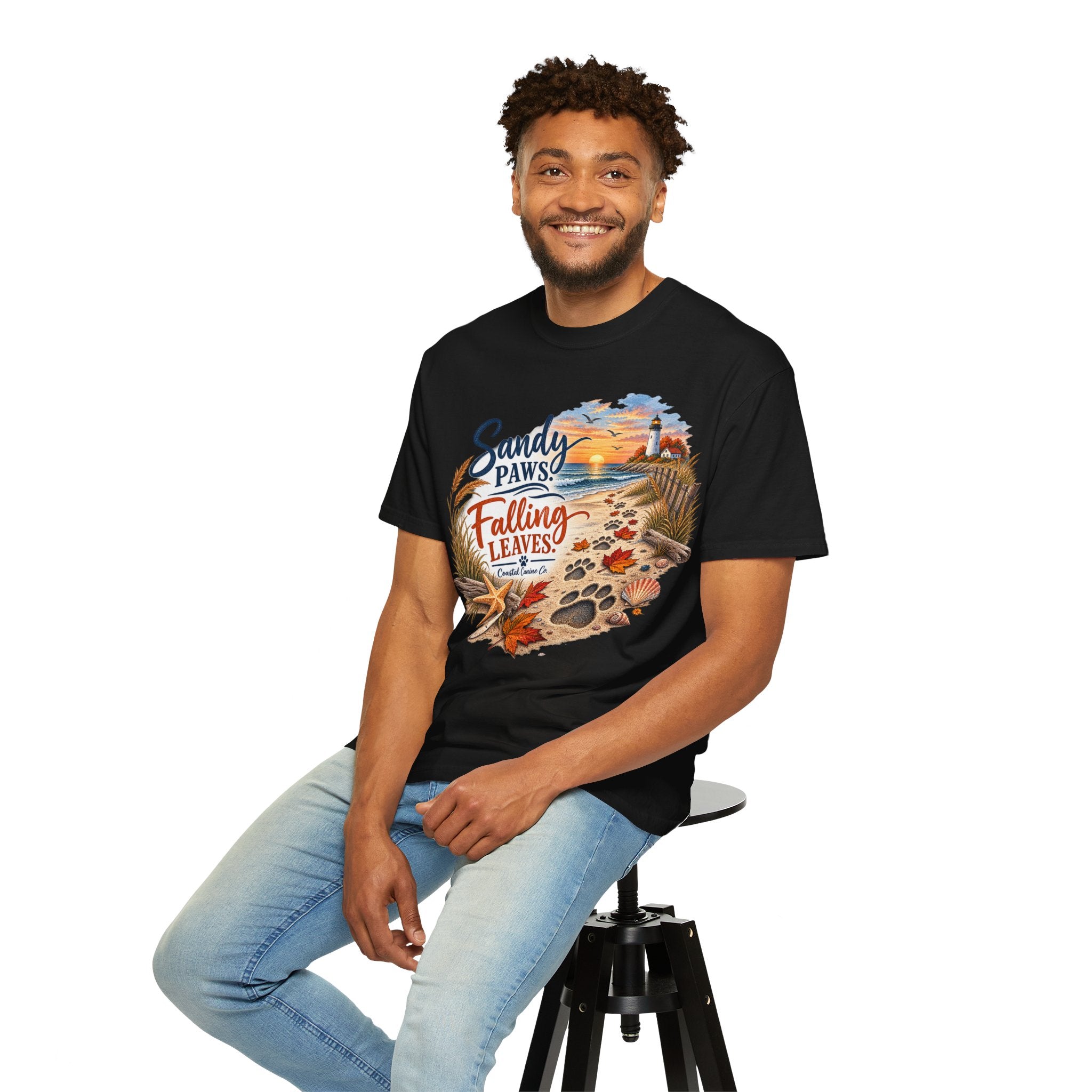 Sandy Paws Falling Leaves Beach T-Shirt — Autumn Coastal Dog Lover Tee