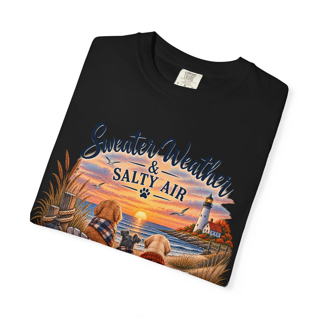 Sweater Weather & Salty Air T-Shirt — Autumn Beach Sunset Graphic Tee