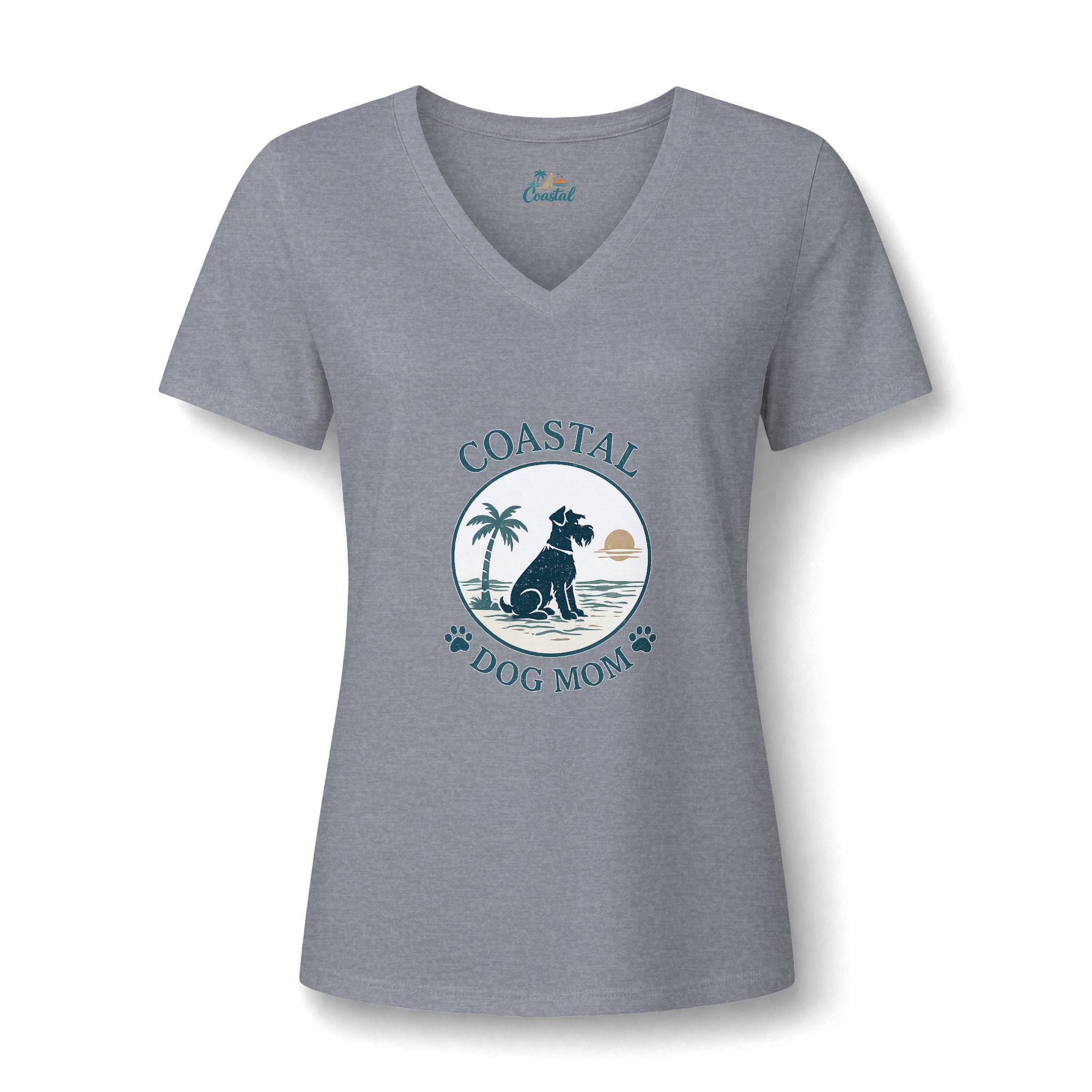 Coastal Dog Mom V-Neck Tee — Beachy Paw Print Women’s Shirt