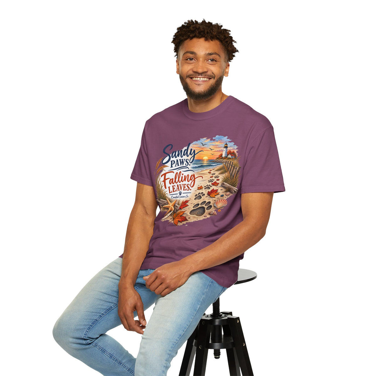 Sandy Paws Falling Leaves Beach T-Shirt — Autumn Coastal Dog Lover Tee