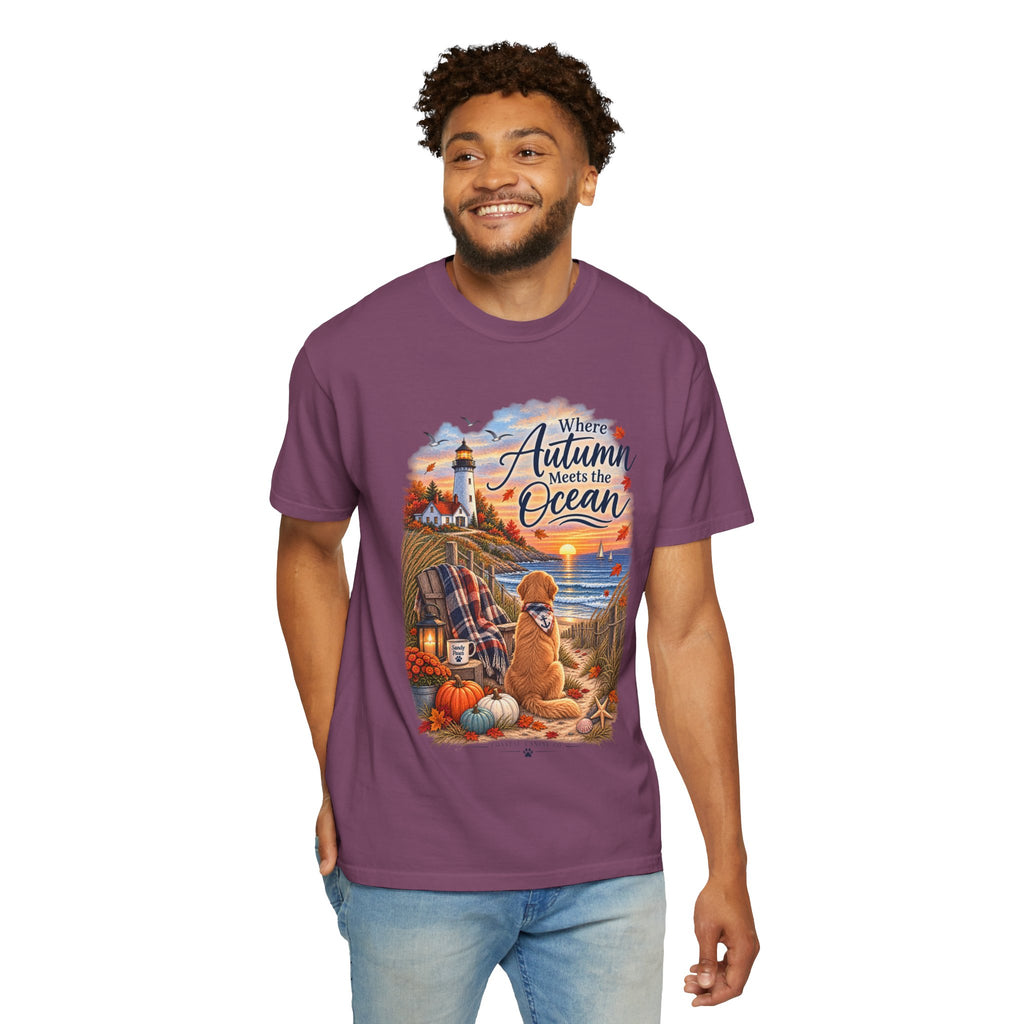 Autumn Meets the Ocean T-Shirt — Cozy Coastal Fall Tee with Golden Retriever