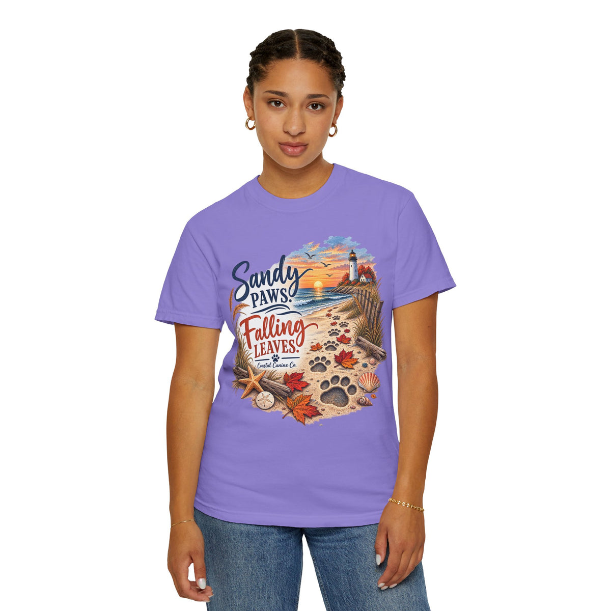 Sandy Paws Falling Leaves Beach T-Shirt — Autumn Coastal Dog Lover Tee