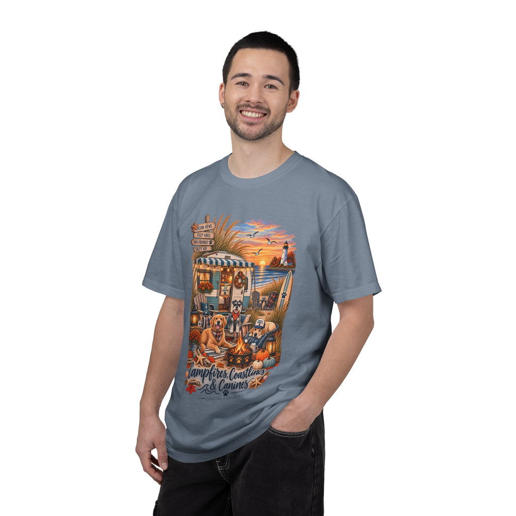 Campfires, Coastlines & Canines T-Shirt — Retro Camper Dog Camping Graphic Tee