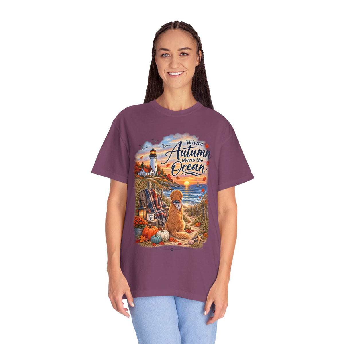 Autumn Meets the Ocean T-Shirt — Cozy Coastal Fall Tee with Golden Retriever
