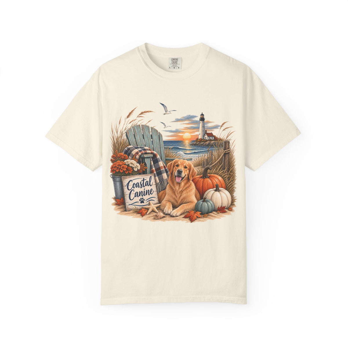 Coastal Canine Fall T-Shirt — Lighthouse, Labrador & Pumpkin Beach Tee