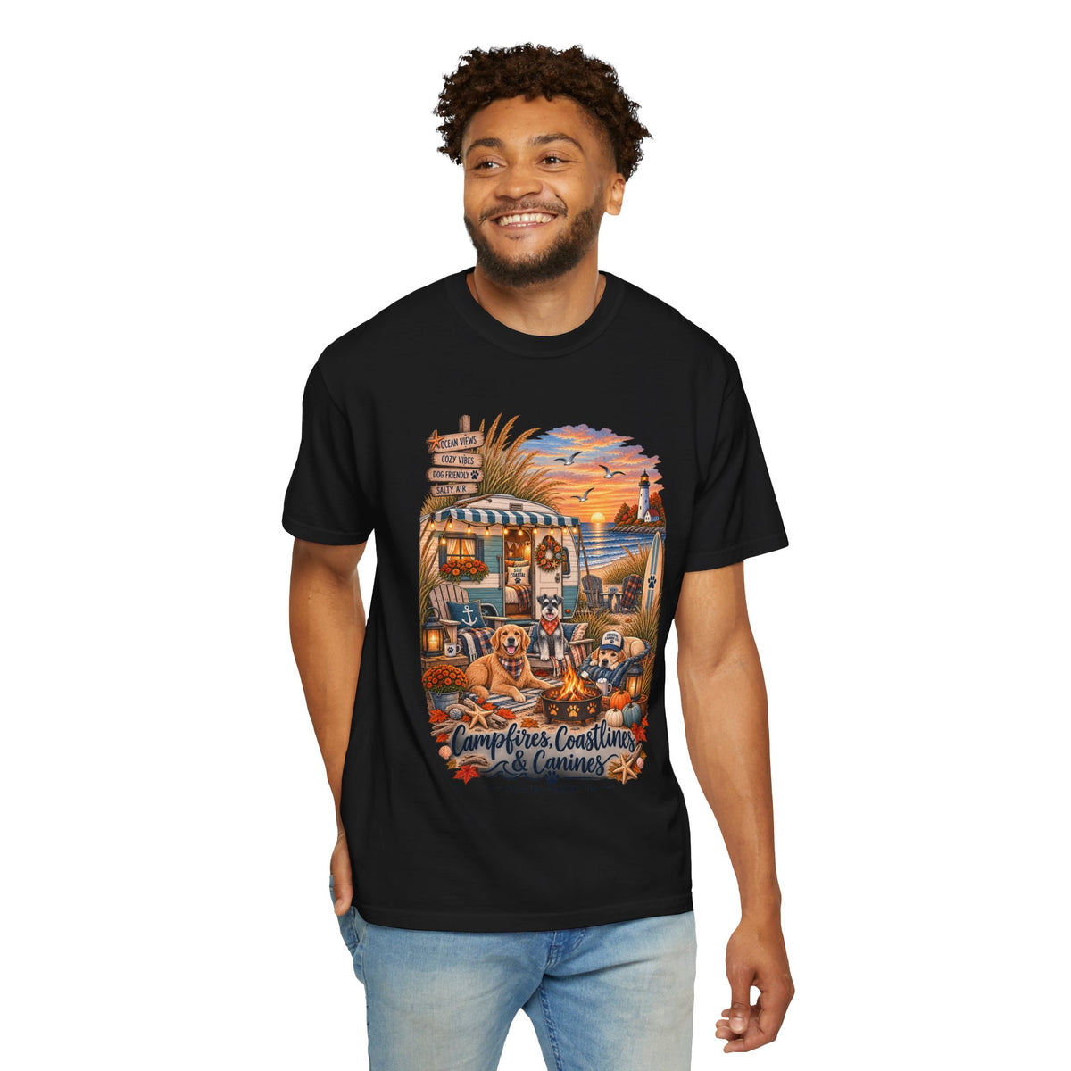 Campfires, Coastlines & Canines T-Shirt — Retro Camper Dog Camping Graphic Tee