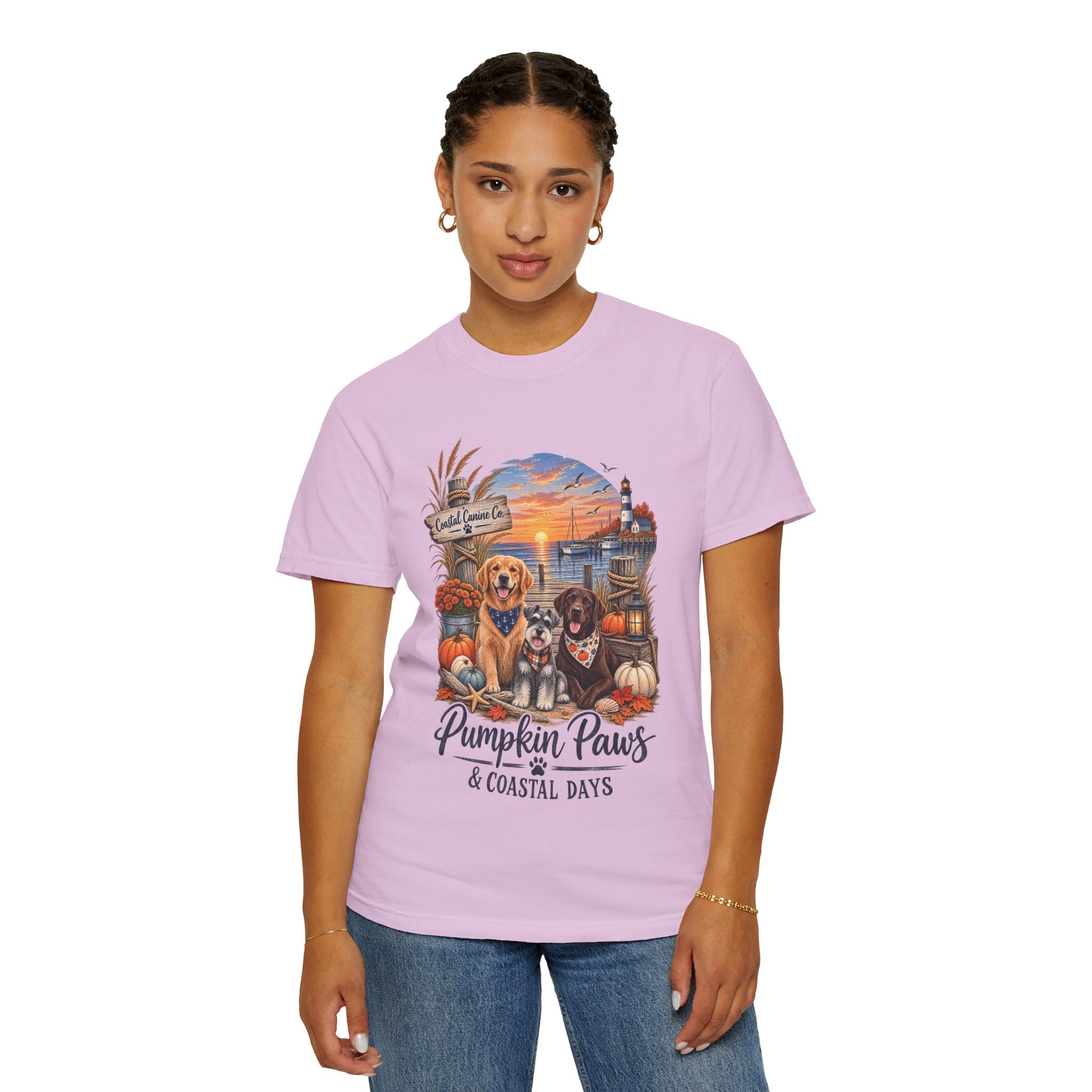 Pumpkin Paws & Coastal Days T-Shirt — Autumn Dogs by the Harbor