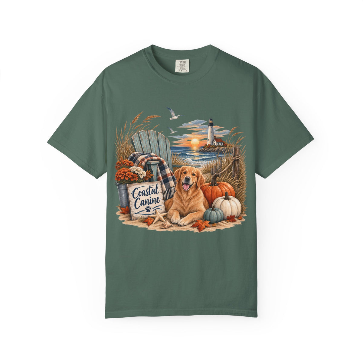 Coastal Canine Fall T-Shirt — Lighthouse, Labrador & Pumpkin Beach Tee