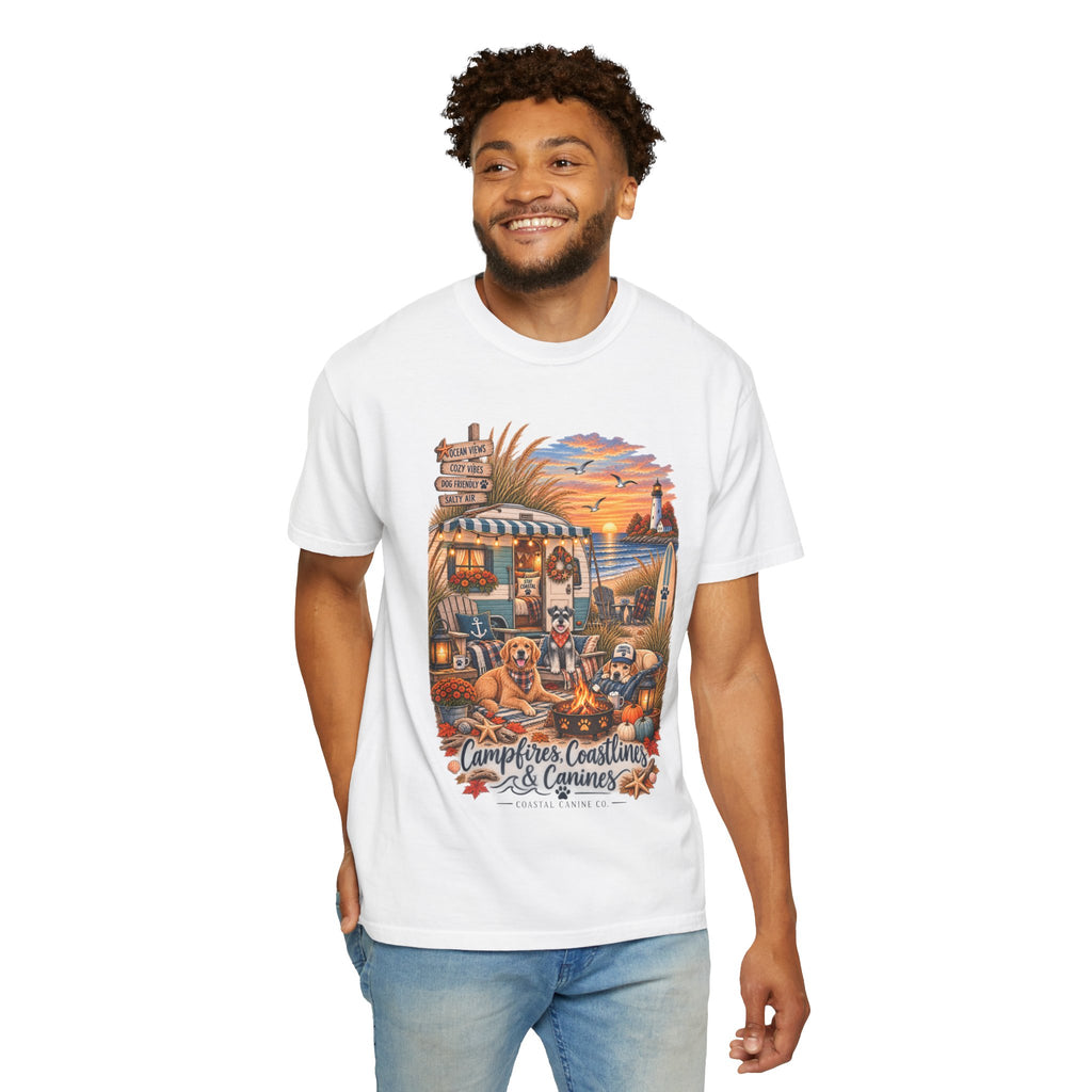 Campfires, Coastlines & Canines T-Shirt — Retro Camper Dog Camping Graphic Tee