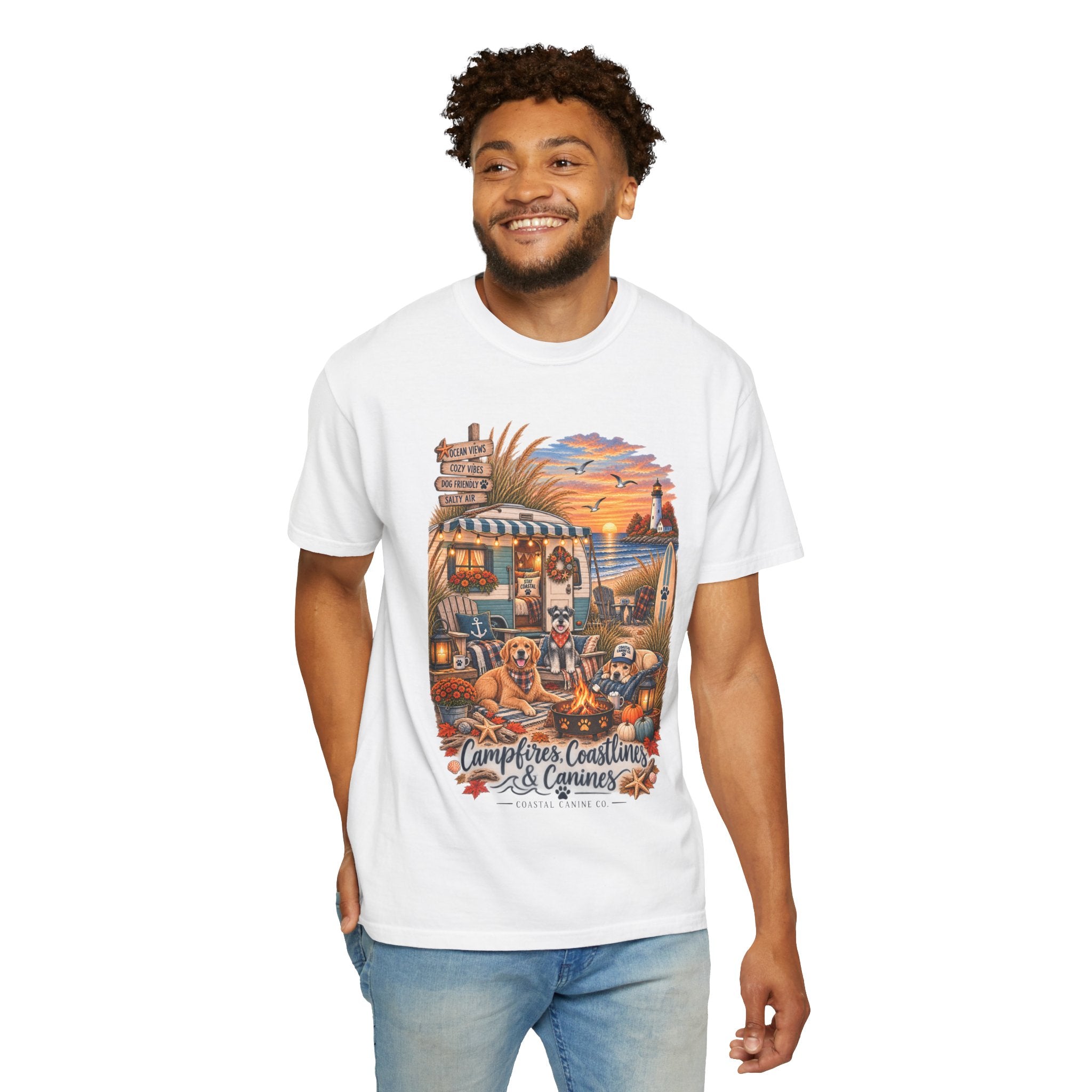 Campfires, Coastlines & Canines T-Shirt — Retro Camper Dog Camping Graphic Tee