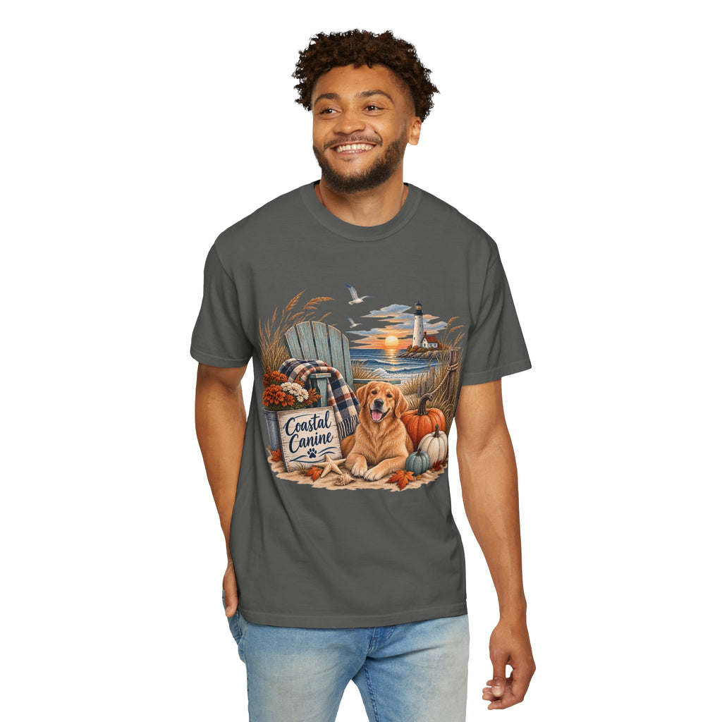 Coastal Canine Fall T-Shirt — Lighthouse, Labrador & Pumpkin Beach Tee