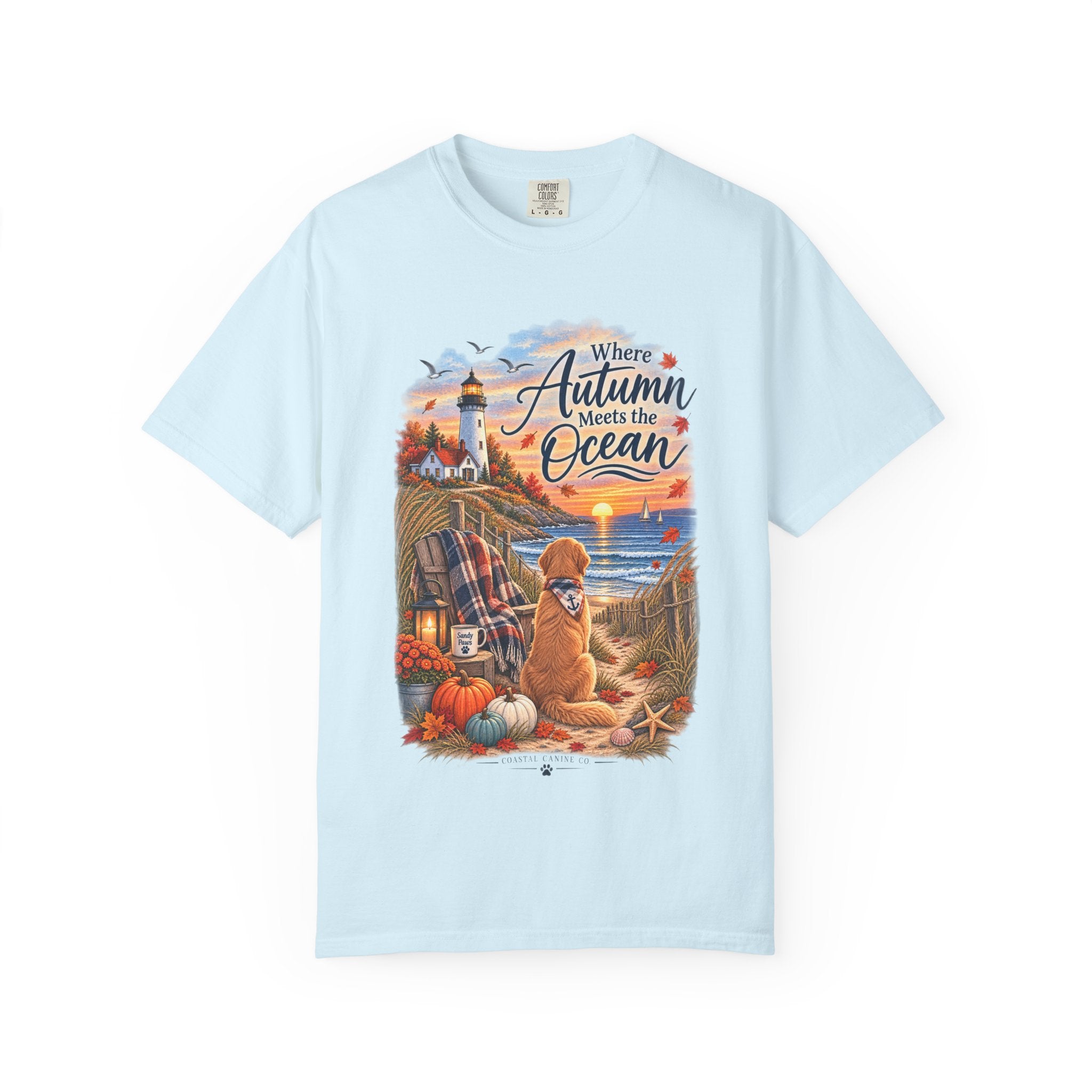 Autumn Meets the Ocean T-Shirt — Cozy Coastal Fall Tee with Golden Retriever