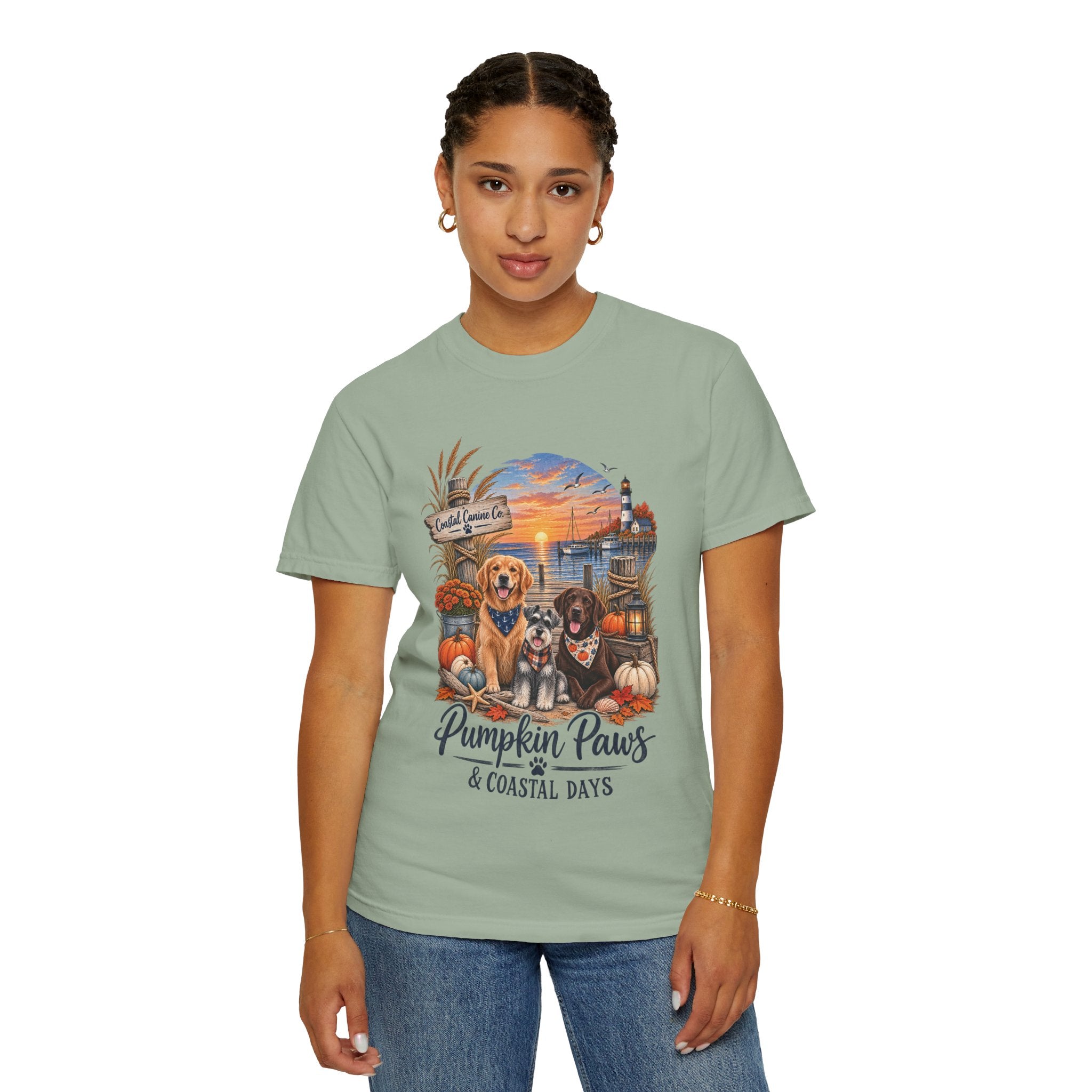 Pumpkin Paws & Coastal Days T-Shirt — Autumn Dogs by the Harbor