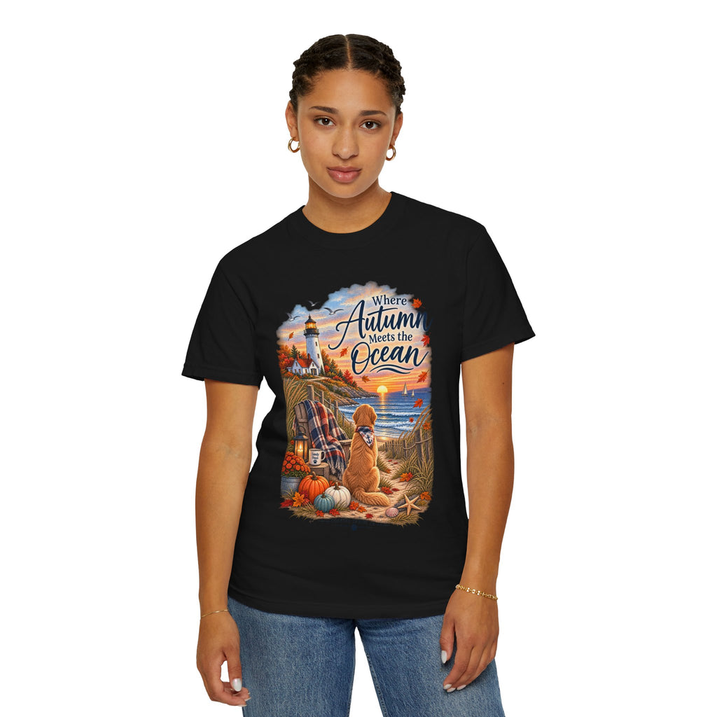 Autumn Meets the Ocean T-Shirt — Cozy Coastal Fall Tee with Golden Retriever