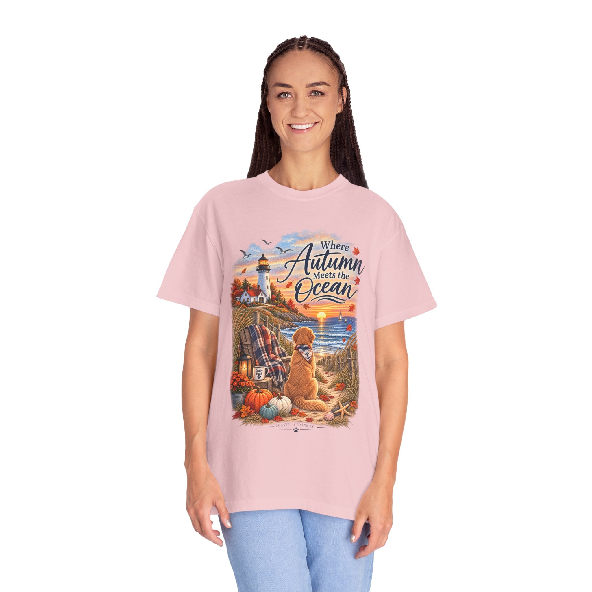 Autumn Meets the Ocean T-Shirt — Cozy Coastal Fall Tee with Golden Retriever
