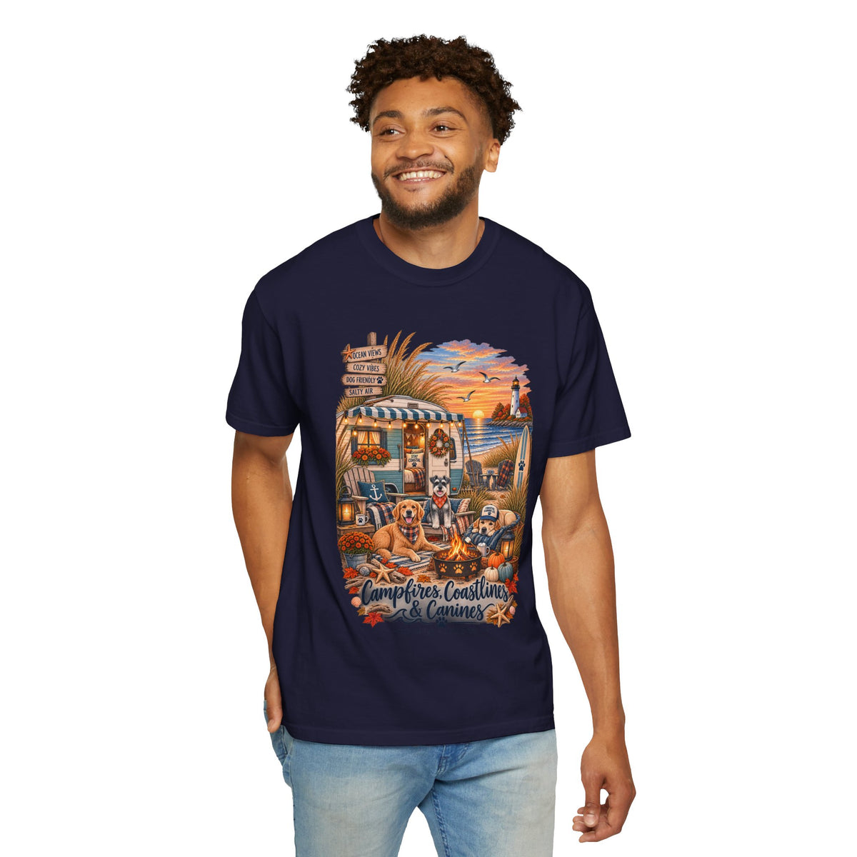 Campfires, Coastlines & Canines T-Shirt — Retro Camper Dog Camping Graphic Tee