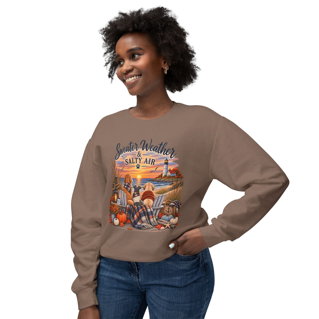 Sweater Weather & Salty Air Crewneck Sweatshirt — Coastal Fall Sunset Design
