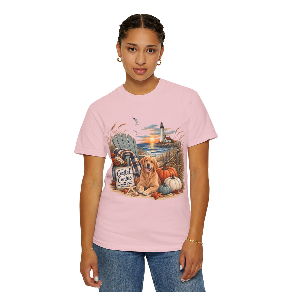 Coastal Canine Fall T-Shirt — Lighthouse, Labrador & Pumpkin Beach Tee