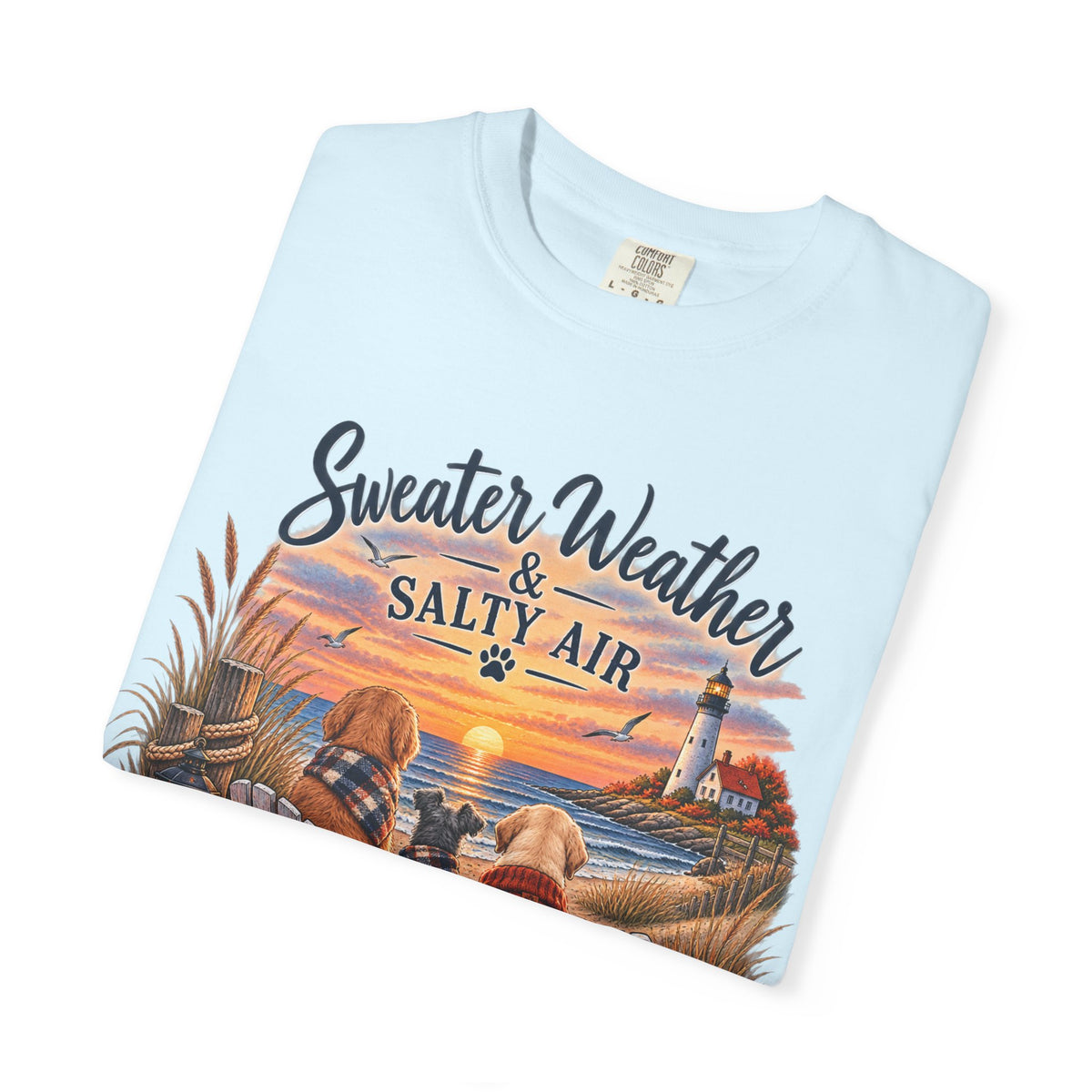 Sweater Weather & Salty Air T-Shirt — Autumn Beach Sunset Graphic Tee