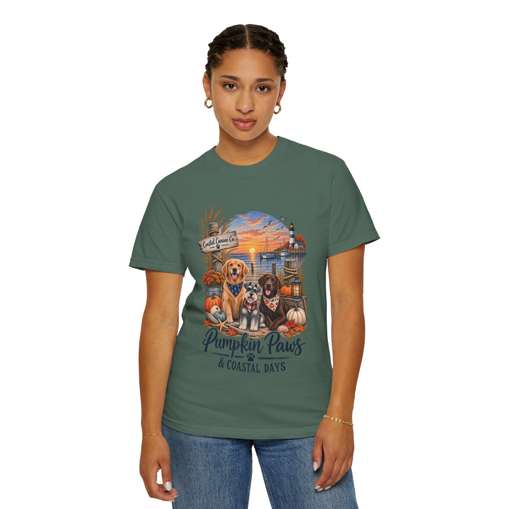 Pumpkin Paws & Coastal Days T-Shirt — Autumn Dogs by the Harbor