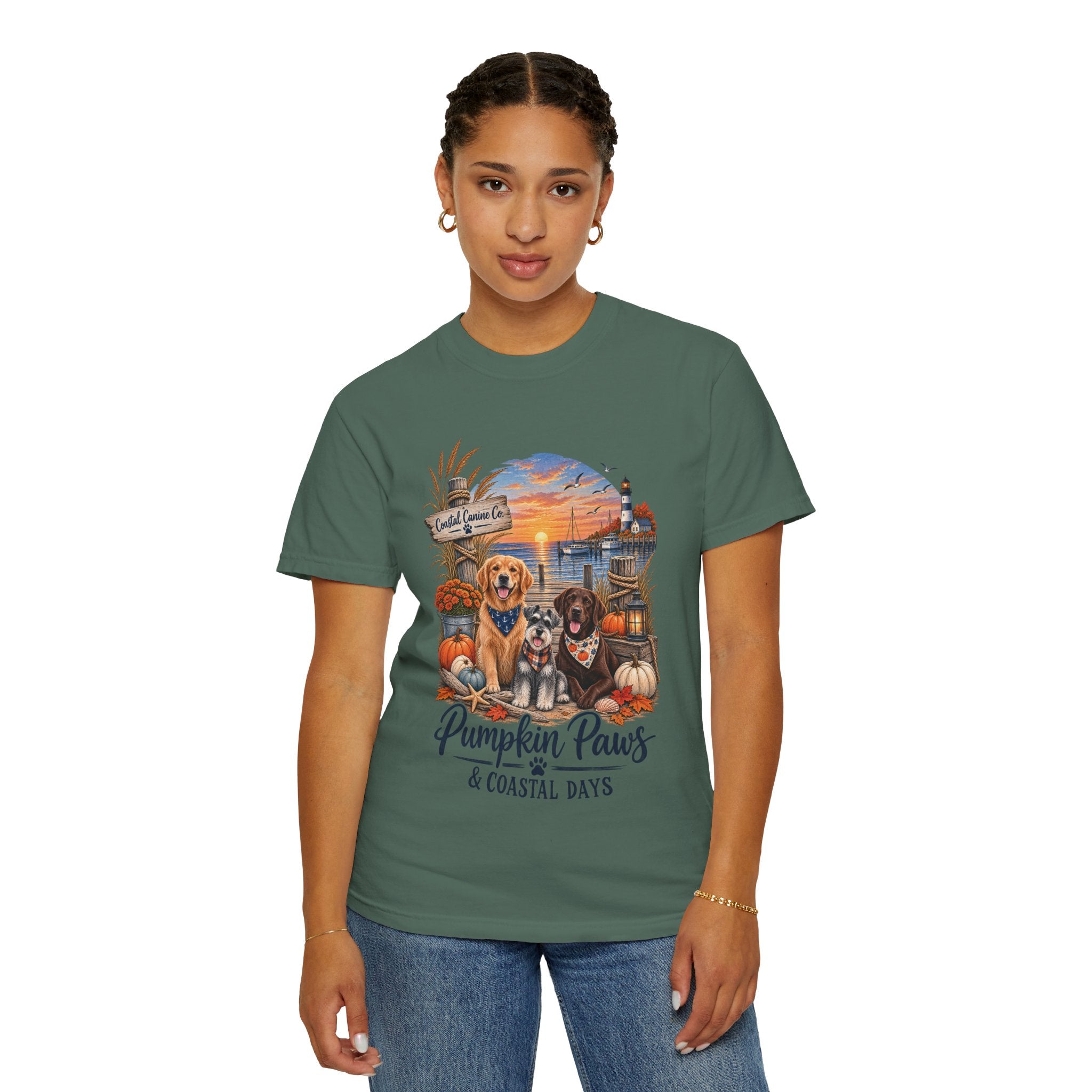Pumpkin Paws & Coastal Days T-Shirt — Autumn Dogs by the Harbor