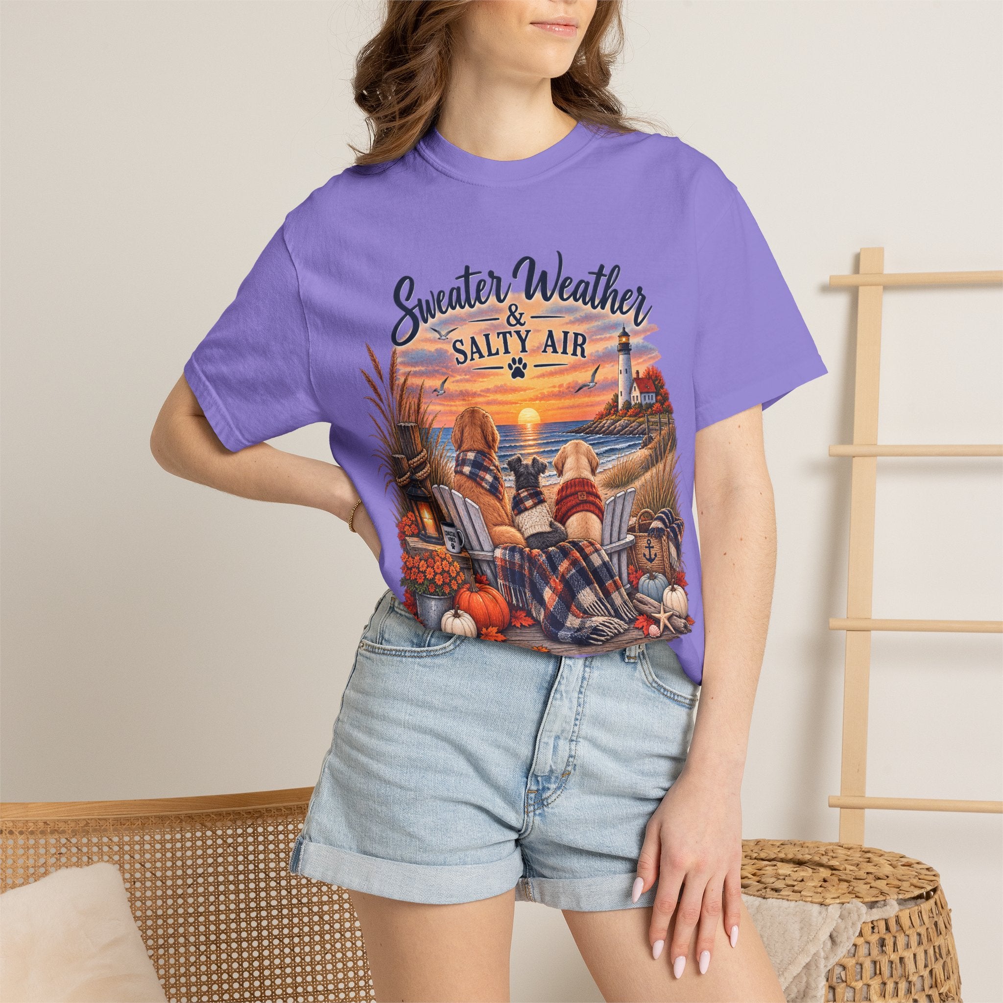 Sweater Weather & Salty Air T-Shirt — Autumn Beach Sunset Graphic Tee