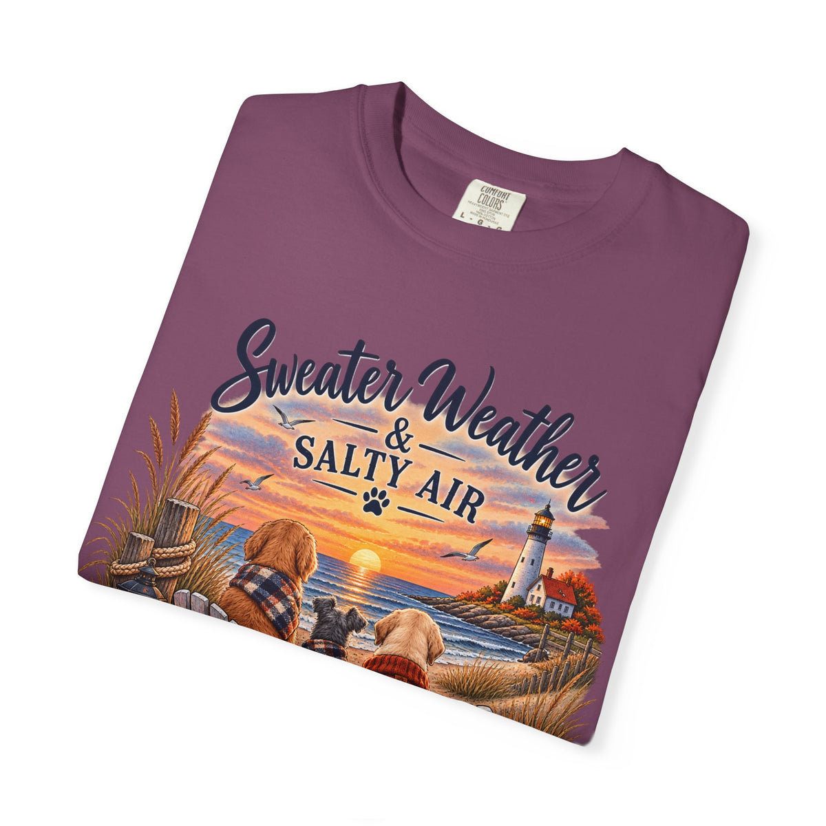 Sweater Weather & Salty Air T-Shirt — Autumn Beach Sunset Graphic Tee