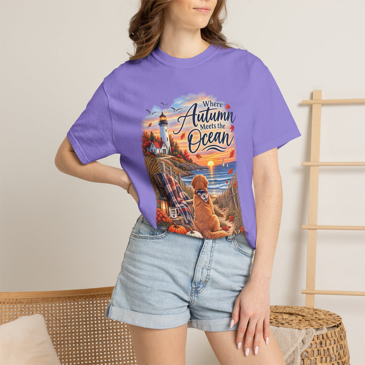 Autumn Meets the Ocean T-Shirt — Cozy Coastal Fall Tee with Golden Retriever