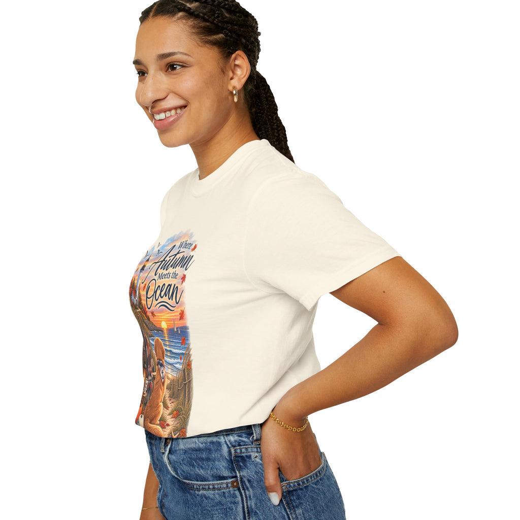 Autumn Meets the Ocean T-Shirt — Cozy Coastal Fall Tee with Golden Retriever