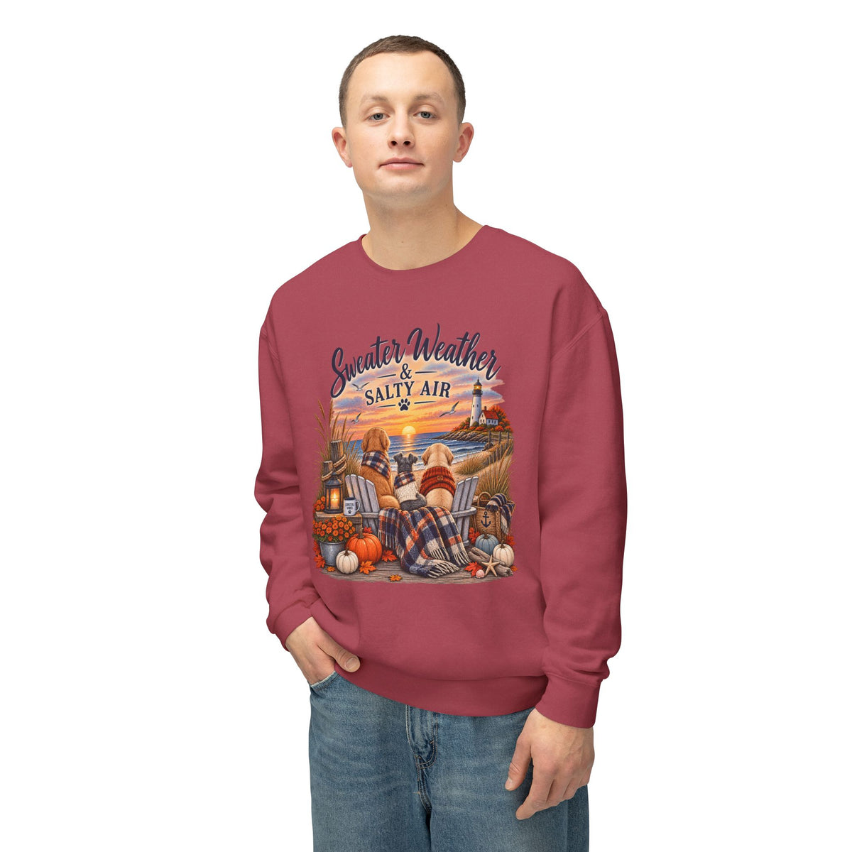 Sweater Weather & Salty Air Crewneck Sweatshirt — Coastal Fall Sunset Design