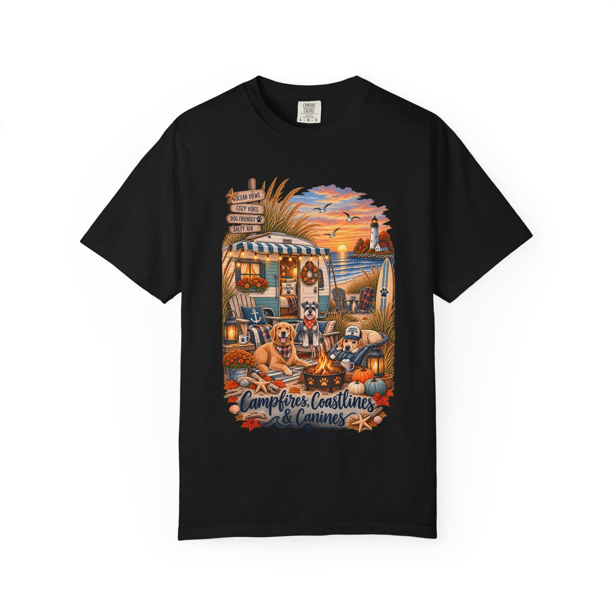 Campfires, Coastlines & Canines T-Shirt — Retro Camper Dog Camping Graphic Tee