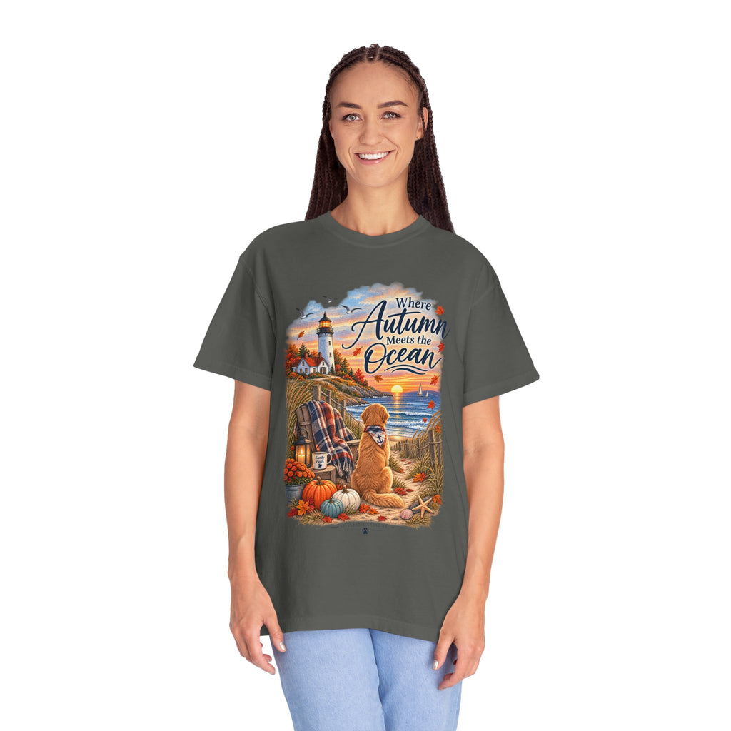 Autumn Meets the Ocean T-Shirt — Cozy Coastal Fall Tee with Golden Retriever