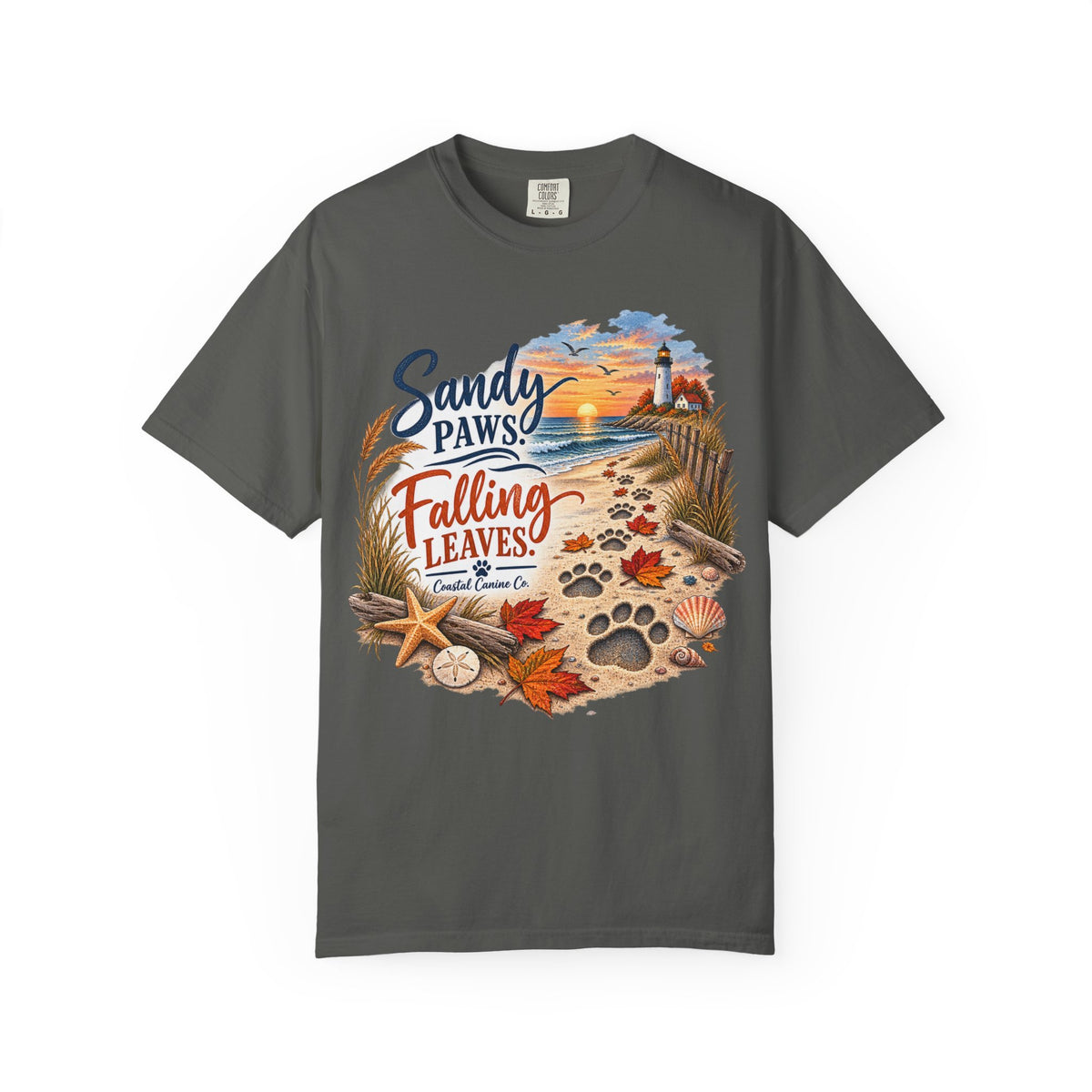 Sandy Paws Falling Leaves Beach T-Shirt — Autumn Coastal Dog Lover Tee